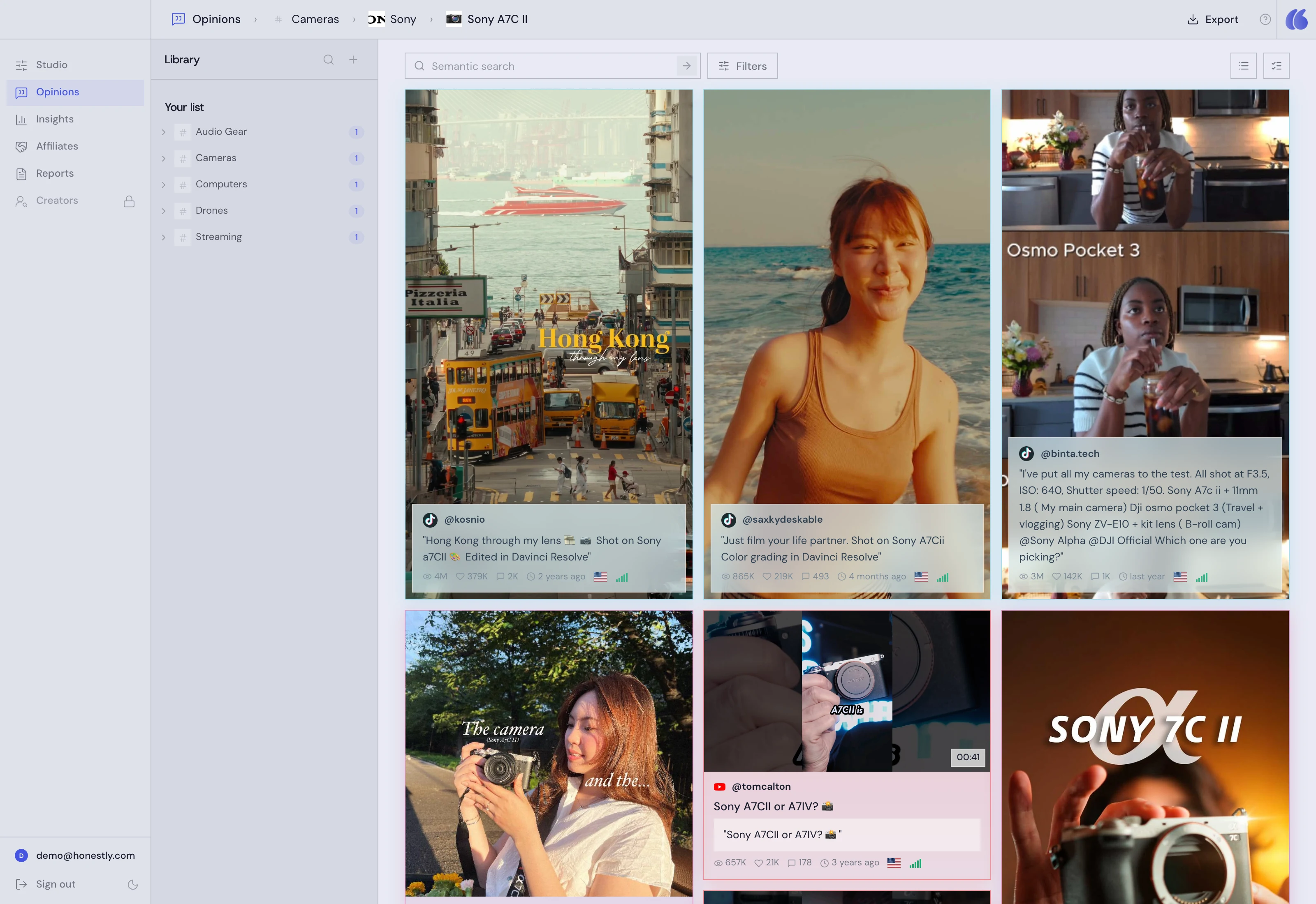 Opinions library showing original posts about a camera, with their platforms, captions and engagement