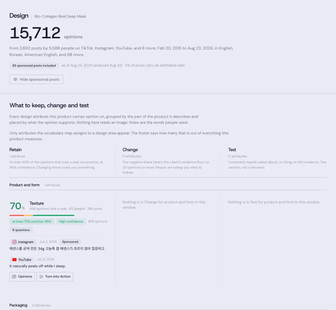 What to keep, change and test board limited to design-relevant attributes, grouped by part of the product